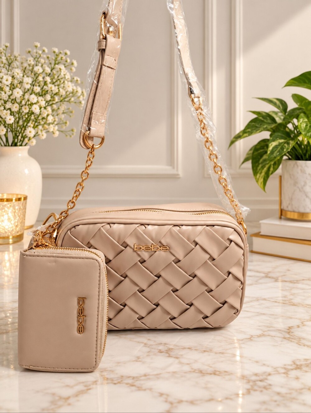 bebe Woven Camera Crossbody Bag Wallet Set NWT Cream